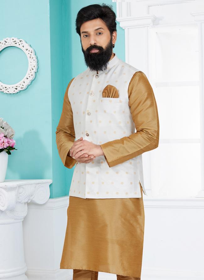 Banarasi Dhupion White Wedding Wear Banarasi Work Modi Jacket Kurta Pajama